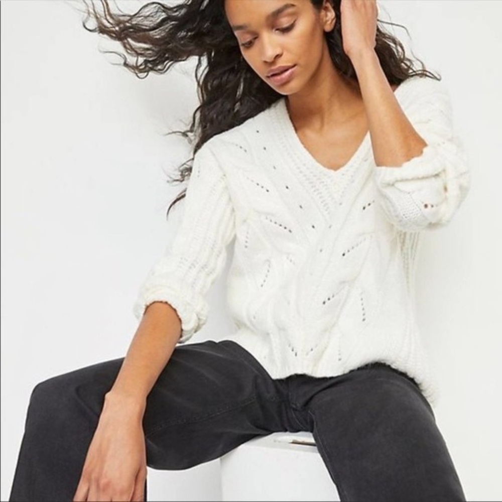 Anthropologie Ramona Ivory Cable Knit V-neck Sweater